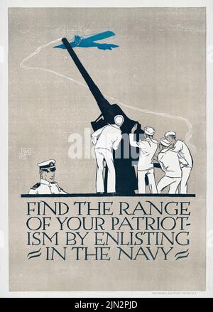 Finden Sie die Reichweite Ihres Patriotismus, indem Sie sich für das Poster der Navy (1918) aus der Zeit des Ersten Weltkriegs von Vojtěch Preissig einfinden Stockfoto