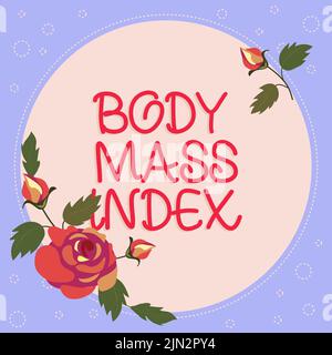 Text mit dem Index der inspirierenden Körpermasse. Geschäftsansatz der Wert ergibt sich aus dem Gewicht und der Höhe eines individuellen Rahmens mit Blättern und Blumen Stockfoto