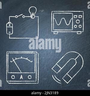 Physiksymbol auf dem Schwarzen Brett. Schaltplan, magnetische Kraft, Amperemeter und Oszilloskopsymbole. Vektorgrafik. Stock Vektor