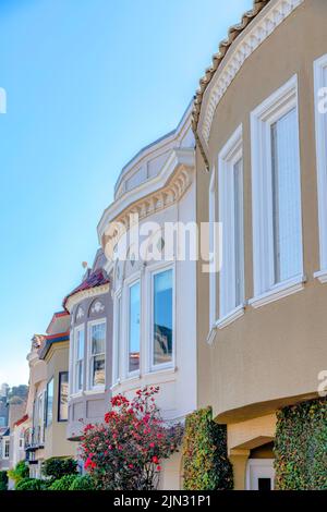 Seitenansicht von Häusern mit Zierpflanzen an der Vorderseite in San Francisco, CA. Haus außen mit dekorativem Fries und bemalten Stuckwänden. Stockfoto
