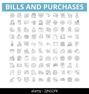 Symbole für Rechnungen und Einkäufe, Linienzeichen, Netzschilder, Vektorset, isolierte Illustration Stock Vektor
