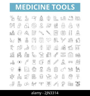 Medizinwerkzeuge Symbole, Liniensymbole, Netzschilder, Vektorset, isolierte Illustration Stock Vektor