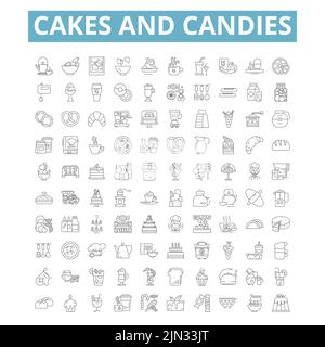 Kuchen und Süßigkeiten Symbole, Linien-Symbole, Web-Zeichen, Vektor-Set, isolierte Illustration Stock Vektor