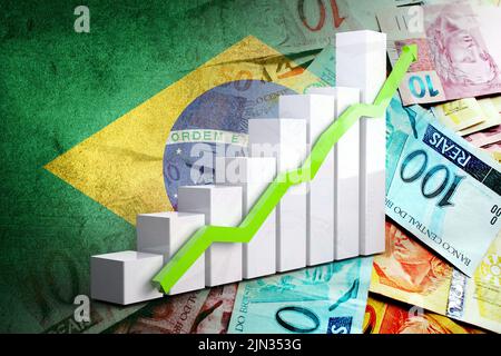 Diagramm der Wirtschaft: Aufwärtspfeil, brasilianische Reals-Bargeldscheine und Brasilien-Flagge Stockfoto