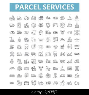 Symbole für Paketdienste, Zeilensymbole, Netzschilder, Vektorset, isolierte Illustration Stock Vektor