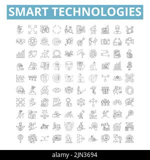 Symbole für intelligente Technologien, Zeilensymbole, Netzschilder, Vektorset, isolierte Illustration Stock Vektor