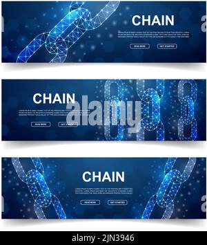 Set mit horizontalen drei Ketten-Banner. Horizontale Illustration für Homepage-Design, Promo-Banner. Blockchain Low-Poly-Symbole mit verbundenen Punkten Stock Vektor
