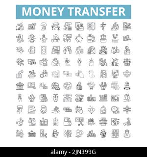 Symbole für Geldtransfers, Zeilensymbole, Netzschilder, Vektorset, isolierte Illustration Stock Vektor