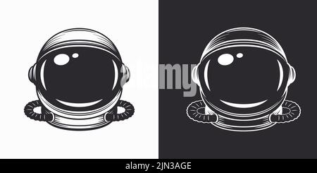 Vektor-Astronauten-Helm-Set, Schwarz-Weiß-Monochrome Kosmonauten-Maske für Weltraumforschung isoliert. Anzugteil für Spaceman Head Protection. Platz Stock Vektor