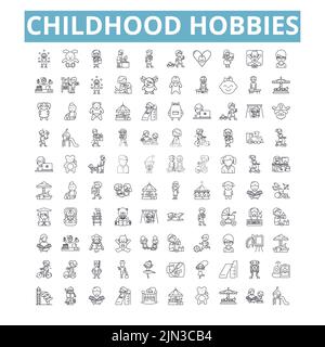 Hobbys für die Kindheit, Symbole für Linien, Netzschilder, Vektorgrafiken, isolierte Illustrationen Stock Vektor