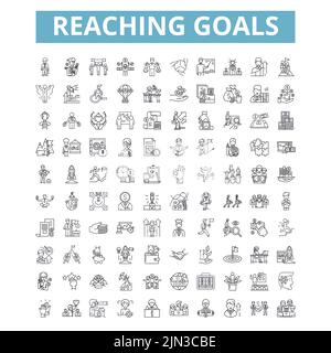 Symbole zum Erreichen von Zielen, Liniensymbole, Netzschilder, Vektorset, isolierte Illustration Stock Vektor