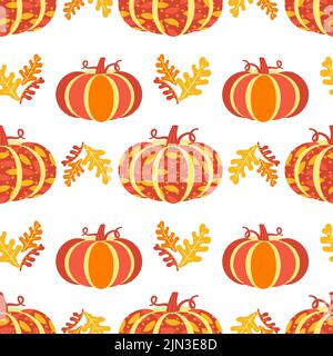 Happy Thanksgiving Day Urlaub geometrische nahtlose Vektor flach Muster. Niedlicher Kürbis, Eichenblätter Cartoon-Design. Handgezeichneter Herbst Ernteurlaub Stock Vektor