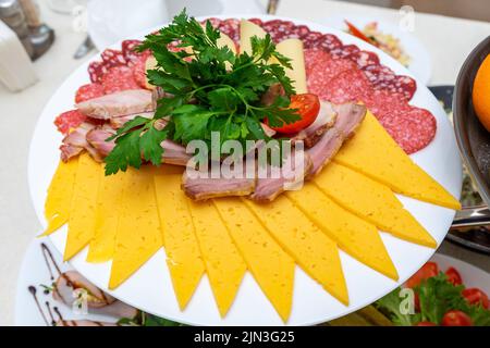 Ein Teller mit kalten Vorspeisen mit verschiedenen Würstchen, Fleisch und Käse. Grünpflanzen und Tomaten. Stockfoto