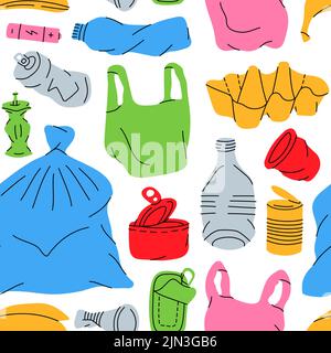 Unsortiertes Abfallmuster. Handgezeichneter Papierkorb-Hintergrund. Hintergrund des farbigen Mülls. Problem Globus Verschmutzung Konzept. Stock Vektor