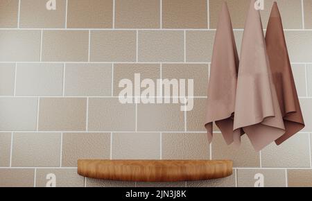 3D Rendern. Leeres Holzpodium für Badkosmetik-Produkt. 3D Abbildung Stockfoto