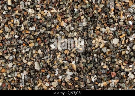 Seesand (Gran Canaria Beach, Spanien) mit dunklen vulkanischen Partikeln nur noch wenige Ozeanschalen sichtbar. Mikroskopfoto, Bildbreite 9mm Stockfoto