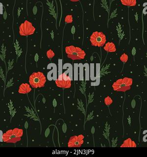 Rote Mohnblumen und Gartenblumen. Nahtlose Muster Illustration.Hand gezeichnet Stil, Design für Mode, Stoff, Tapete, Drucke Stock Vektor