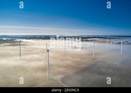 Onshore-Windturbine, die in der Morgensonne im Nebel steht Stockfoto