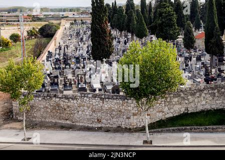 Städtischer Friedhof von San Atilano in Zamora, Spanien mit Blick von oben auf Gräber, Grabsteine und Zypressen. Stockfoto