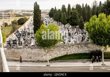 Städtischer Friedhof von San Atilano in Zamora, Spanien mit Blick von oben auf Gräber, Grabsteine und Zypressen. Stockfoto