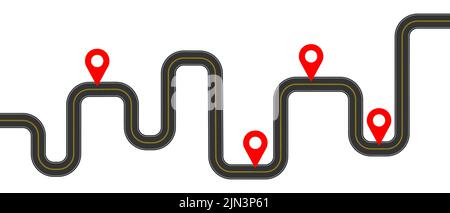 Infografik Vorlage von kurvenreichen Straße mit Markup und Karte Pins Zeichen. Lieferung, Reise, gps-Navigation, Reiseplankonzept isoliert auf weißem Hintergrund. Vektorgrafik flach Stock Vektor