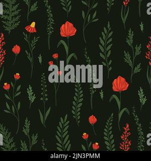Rote Mohnblumen und Gartenblumen. Nahtlose Muster Illustration.Hand gezeichnet Stil, Design für Mode, Stoff, Tapete, Drucke Stock Vektor