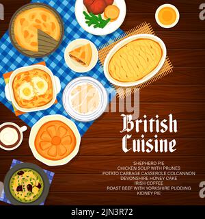 Britische Küche Essen, Restaurant Menü Abdeckung, englische Gerichte, Frühstück und Mittagessen Mahlzeiten, Vektor-Poster. Traditioneller britischer Porridge und irischer Kaffee, Yorkshire Pudding und Devonshire Honigkuchen Stock Vektor