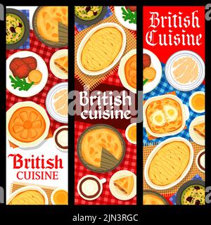 Britische Küche, englische Gerichte, Frühstück und Mittagessen, Vector Restaurant-Menü Banner. Traditioneller britischer Porridge mit irischem Kuchen, Abendessen Roastbeef mit Shepherd Pie und Hühnersuppe Stock Vektor