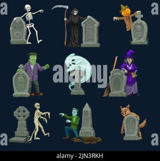 Halloween Cartoon unheimliche Charaktere um Gräber und Grabsteine. Vektor Horror Geist, Hexe und Skelett, Halloween Kürbis Jack-o-Laterne, Zombie, Mama, Tod und Werwolf, Monster auf dem Friedhof Stock Vektor