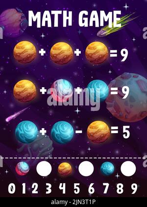 Arbeitsblatt für mathematische Spiele. Cartoon Galaxie Weltraum