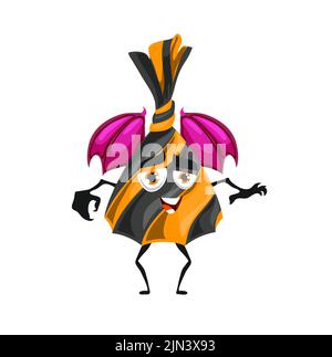 Halloween Süßigkeiten Charakter mit Fledermausflügeln. Vektor lustige Dessert, Cartoon freche Trüffel Monster. Verpackte Süßwaren für Kinder Trick or Treat Party. Isolierte süße Patisserie-Persönlichkeit, Snack für den Urlaub Stock Vektor