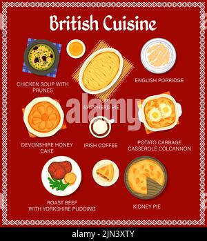 Speisekarte mit britischer Küche, Gerichte zum Mittagessen und Mahlzeiten im Restaurant, Vektorposter. Traditionelles englisches Frühstück mit Porridge und Pudding, Abendessen mit Roastbeef und irischem Kaffee mit Honigkuchen und Nierenkuchen Stock Vektor