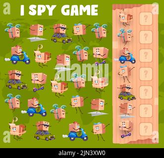 Ich spioniere Spiel Arbeitsblatt Cartoon Paket Box Zeichen. Kindergarten Kinder Mathe Spiel mit Objekten suchen und Zählen Aufgabe, Vektor Zählen Puzzle oder Kinder Rätsel mit Paketkasten lustige Persönlichkeiten Stock Vektor
