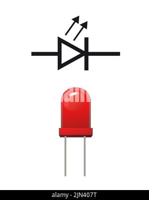 Leuchtdiode. Funkkomponente. Funkelektronik. Symbolische Bezeichnung. Isoliert auf weißem Hintergrund. Symbol für ein einzelnes Objekt. Vektor Stock Vektor