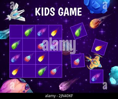 Arbeitsblatt zum Sudoku-Spiel. Cartoon Raum Kometen, Sterne und Raumfahrzeuge auf Kinder Puzzle-Spiel, Kinder Sudoku Rätsel oder Quiz. Kinder pädagogische spielen Aktivität Vektor-Seite mit dem Flaying in Galaxie Kometen Stock Vektor