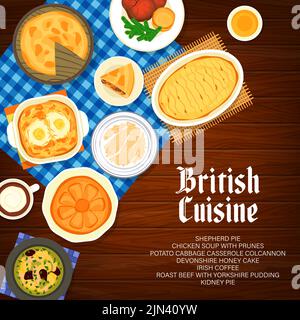 Britische Küche Essen, Restaurant Menü Abdeckung, englische Gerichte, Frühstück und Mittagessen Mahlzeiten, Vektor-Poster. Traditioneller britischer Porridge und irischer Kaffee, Yorkshire Pudding und Devonshire Honigkuchen Stock Vektor