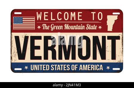 Willkommen bei Vermont vintage rostigen Nummernschild auf weißem Hintergrund, Vektor-Illustration Stock Vektor
