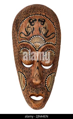 Afrikanische Maske aus Holz isoliert auf weißem Hintergrund. Reisegeschenk. Stockfoto