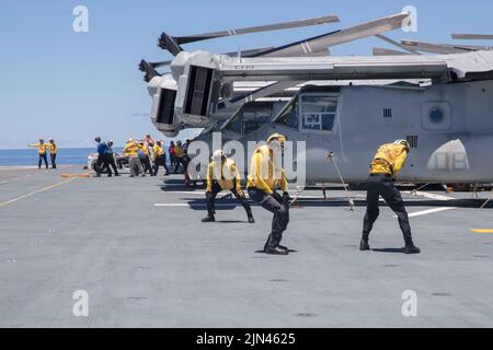 220805-N-XN177-1325 PHILIPPINISCHES MEER (AUG 5, 2022) – Matrosen stellen sich gegen die Rotorspülung eines CH-53 Super Stallion Hubschraubers, der Marine Medium Tiltrotor Squadron (VMM) 262 (verstärkt) auf dem Flugdeck an Bord des amphibischen Angriffsträgers USS Tripoli (LHA 7), 5. August 2022, zugewiesen wurde. Tripolis ist im Einsatzgebiet der US-Flotte von 7. tätig, um die Interoperabilität mit Verbündeten und Partnern zu verbessern und als einsatzbereite Einsatztruppe für den Frieden und die Stabilität in der Region Indo-Pazifik zu dienen. (USA Navy Foto von Mass Communication Specialist 1. Klasse Peter Burghart) Stockfoto