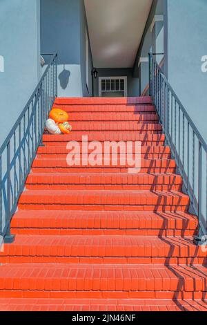 Rotbraune Ziegelsteine im Freien Treppe mit ausgestellten Kürbissen in San Francisco, CA. Treppe mit schmiedeeisernem Geländer, die zu einer Eingangstür eines Bui führt Stockfoto