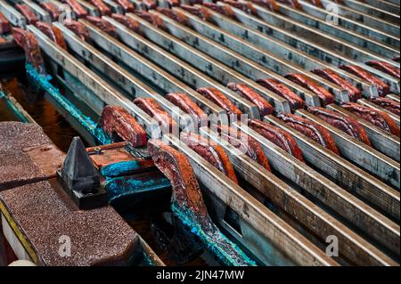 Elektrolysewanne mit installierten Kupferanoden im Werk Stockfoto