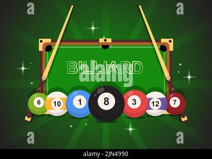 Billard-Spiel Hand gezeichnet Cartoon flache Hintergrund Illustration mit Pool-Zimmer mit Stick und Billardkugeln im Sportclub Stock Vektor