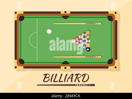 Billard-Spiel Hand gezeichnet Cartoon flache Hintergrund Illustration mit Pool-Zimmer mit Stick und Billardkugeln im Sportclub Stock Vektor