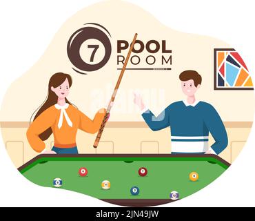 Billard-Spiel Handgezeichnete Cartoon flache Illustration mit Spieler Pool Zimmer mit Stock, Queue mit Blick auf Billardkugeln im Sports Club Stock Vektor