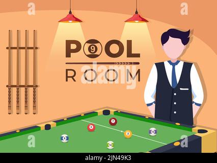 Billard-Spiel Handgezeichnete Cartoon flache Illustration mit Spieler Pool Zimmer mit Stock, Queue mit Blick auf Billardkugeln im Sports Club Stock Vektor