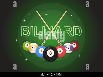 Billard-Spiel Hand gezeichnet Cartoon flache Hintergrund Illustration mit Pool-Zimmer mit Stick und Billardkugeln im Sportclub Stock Vektor