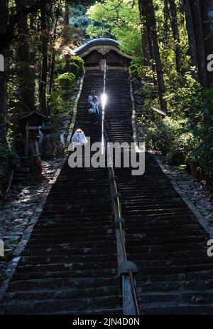 Tosa, Präfektur Kochi, Japan - 7. April 2018: O-henro-Pilger steigen die steile Treppe hinauf, die zur Haupthalle von Shoryuji führt, dem Tempel Nummer 36 von Sh Stockfoto