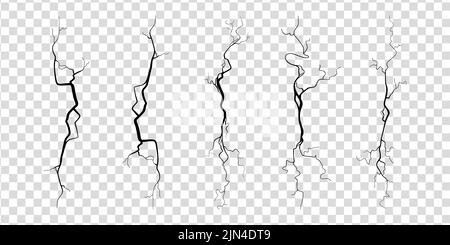 Risse auf Beton oder Boden aufgrund von Alterung oder Dürre. Ein Satz von Spalten, die auf transparentem Hintergrund isoliert sind. Monochrome Vektorgrafik Stock Vektor