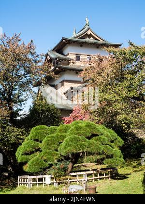 Traditioneller japanischer öffentlicher Garten in der Nähe der rekonstruierten Burg Takashima in Suwa, Präfektur Nagano, Japan Stockfoto