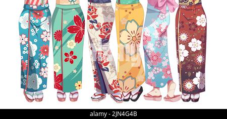 Lange Beine der Gruppe von Mädchen. Anime Manga Mädchen trägt japanischen Kimono. Vektorgrafik auf isoliertem Hintergrund Stock Vektor
